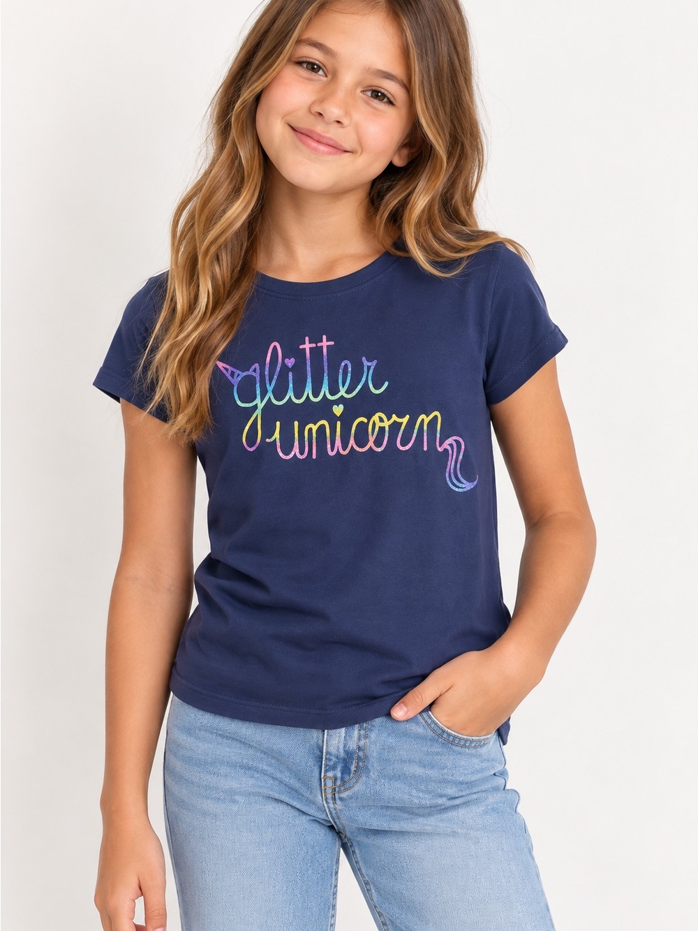 George Girls Glitter Unicorn Graphic T-Shirt Size L 10–12